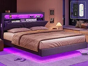 Queen Floating Bed Frame with RGB LED Lights Headboard, USB-C/A Power Combo, Linen Upholstered Platform Bed with Storage Headboa