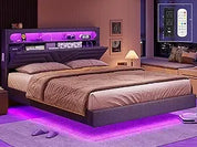 Queen Floating Bed Frame with RGB LED Lights Headboard, USB-C/A Power Combo, Linen Upholstered Platform Bed with Storage Headboa