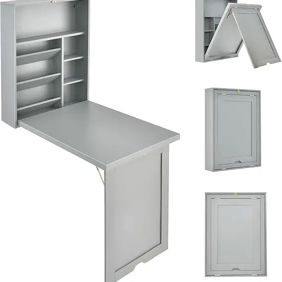 FurnishSpot Wall-Mounted Folding Desk with Storage | Space-Saving Floating Fold-Down Desk