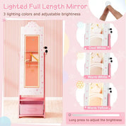 LED Lighted, Lockable Freestanding Kids Jewelry Armoire with Full-Length Mirror and Storage Drawers for Little Girls (White)