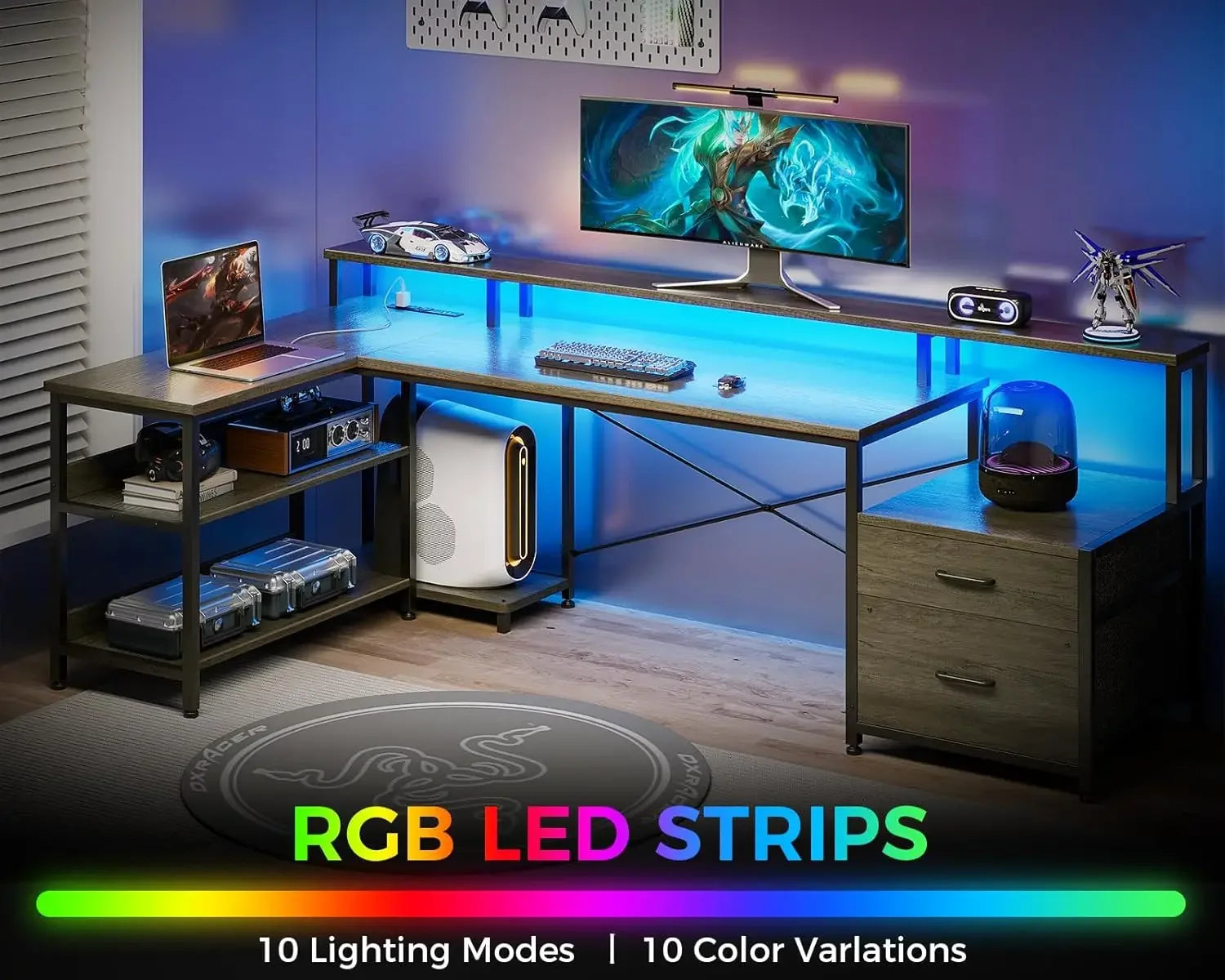 L Shaped Desk with File Drawer, 75" Reversible L Shaped Computer Desk with Power Outlet & LED Strip, Corner Desk, Grey Oak