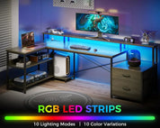 L Shaped Desk with File Drawer, 75" Reversible L Shaped Computer Desk with Power Outlet & LED Strip, Corner Desk, Grey Oak