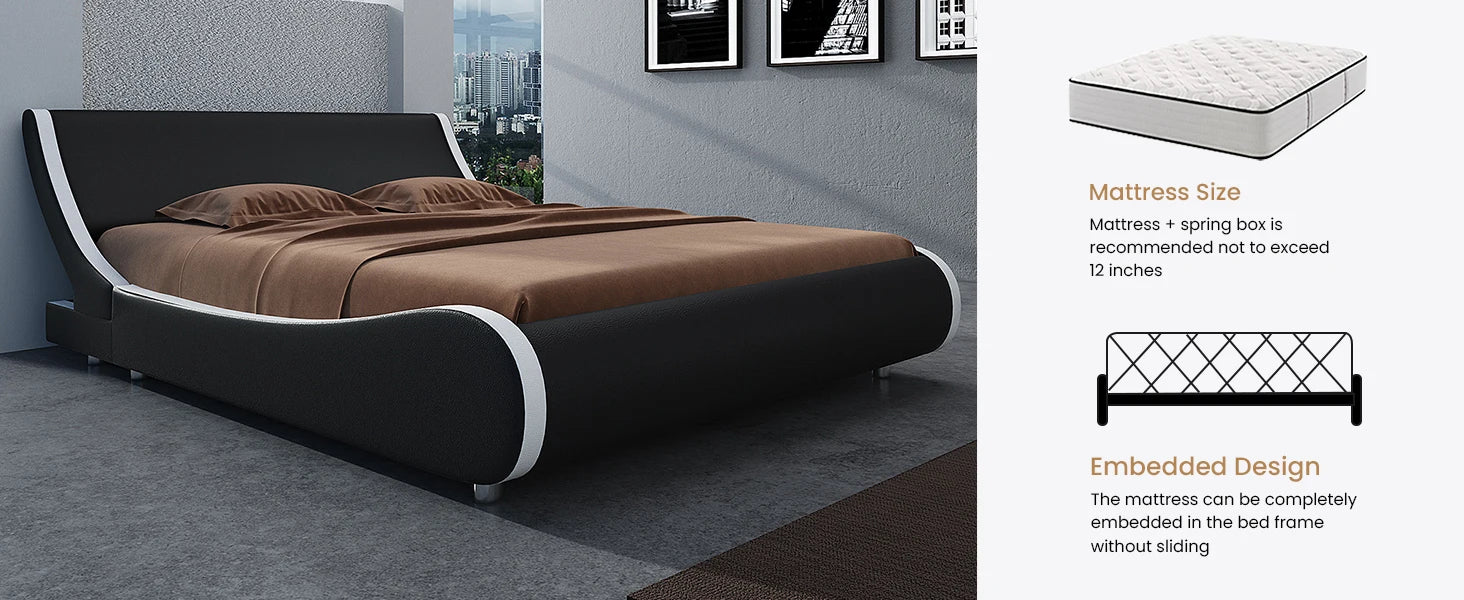 Bed Frame Full Size, Modern Low Profile Platform Stylish Faux Leather Upholstered Sleigh Bed with Adjustable Headboard,Bed Frame