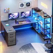 Corner Computer Desk, Reversible U Shaped Office Desk with 3 Fabric Drawers and Power Outlet, Corner Gaming Desk with LED Lights