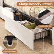 Twin Size Bed Frame with Bookcase Storage Headboard Charging Station & LED Lights Wooden Bed Frames Featuring 4 Drawers