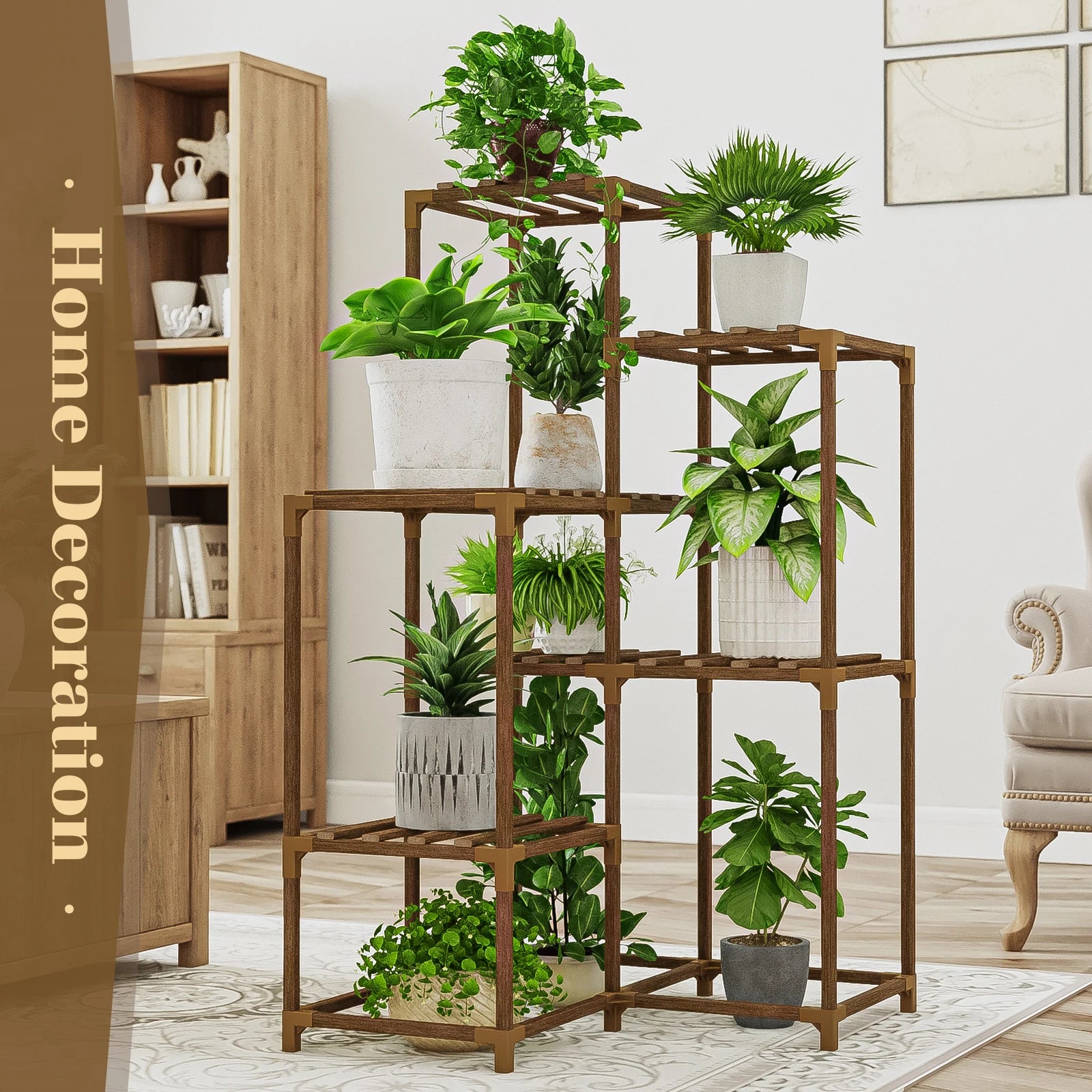 Smartspace™ 6-Tier Corner Wooden Plant Stand – Vertical Carbonized Wood Plant Shelf
