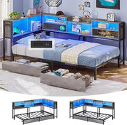 FurnishSpot Twin Corner Bed with Storage Drawers, Bookcase Headboard, LED Lights & Charging Station, Space-Saving Modern Kids Bed