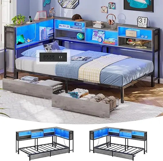 FurnishSpot Twin Corner Bed with Storage Drawers, Bookcase Headboard, LED Lights & Charging Station, Space-Saving Modern Kids Bed