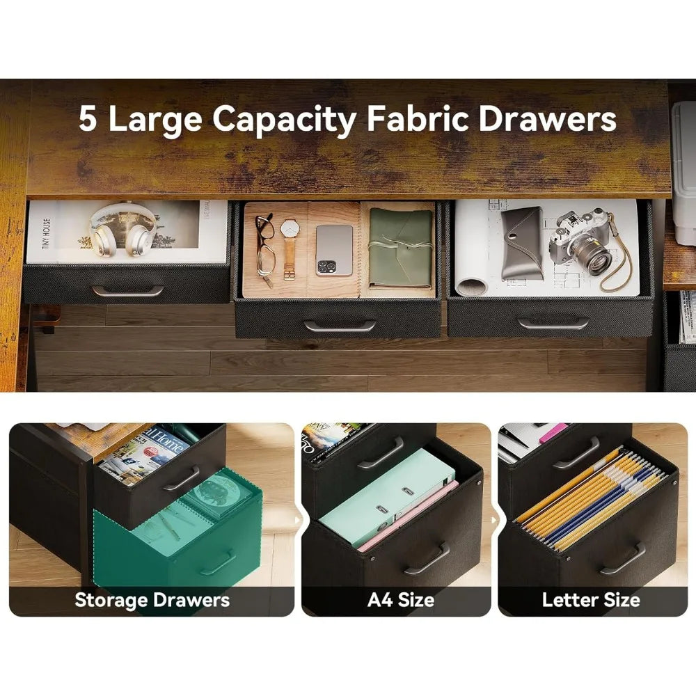 79 Inch L Shaped Desk with File Drawers, Reversible L Shaped Gaming Desk with Power Outlets & LED Lights, Computer Desk