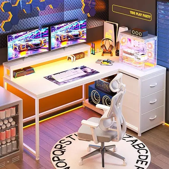 L Shaped Gaming Desk with LED & Power Outlet, 40Inch Computer Desk with Drawers Reversible Corner Desks with Monitor Stand for