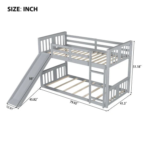 Twin Over Twin Bunk Bed with Slide and Ladder, Gray