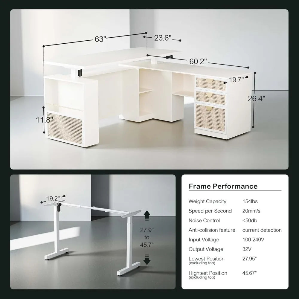 63" L Shaped Standing Desk, AC/USB, Electric Stand Up Table with Multiple Functions, Height Adjustable Executive Desk with 3 Dra