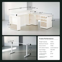 63" L Shaped Standing Desk, AC/USB, Electric Stand Up Table with Multiple Functions, Height Adjustable Executive Desk with 3 Dra