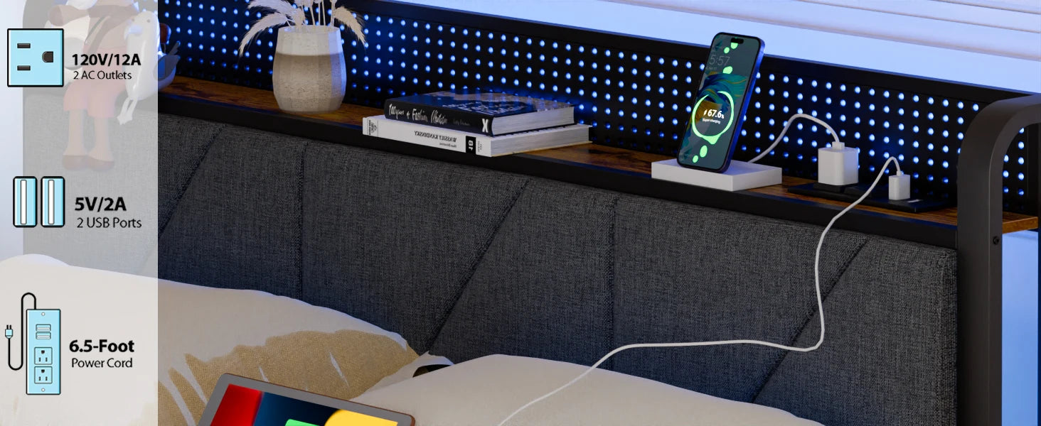 Queen Size Bed Frame with Headboard and LED Lights, Upholstered Bedframe with Charging Station and USB Port, Platform Metal