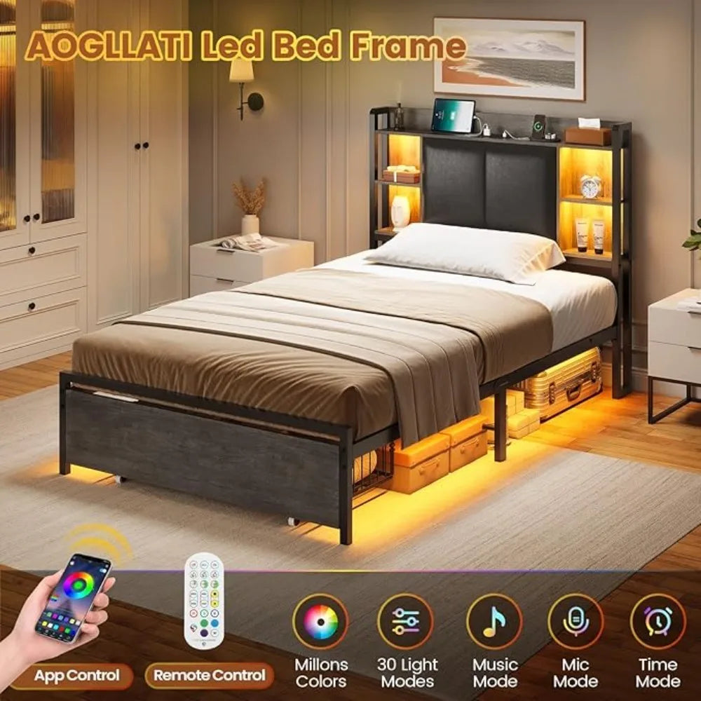 LED Twin Bed Frame w/Storage Drawers & Charging Station, Upholstered Bed Frame w/Headboard, No Box Spring Needed, Bed Frames