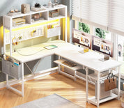 FurnishSpot L-Shaped Gaming Desk with Hutch, Charging Station & RGB LED Lights – Reversible Corner Computer Desk with Storage Shelves