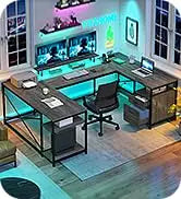 L Shaped Desk with Drawers, 55" Corner Computer Desk with Power Outlets, L-Shaped Desk with LED Lights & File Cabinet for Home O