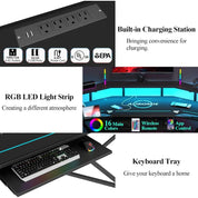 Gaming Desk with Power Outlet & LED Light, 72" Large Wing-Shaped Computer Desk w Monitor Stand & Keyboard Tray & Full-Size Mouse