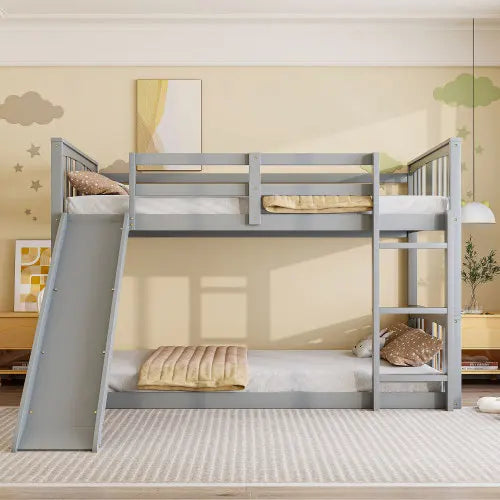 Twin Over Twin Bunk Bed with Slide and Ladder, Gray