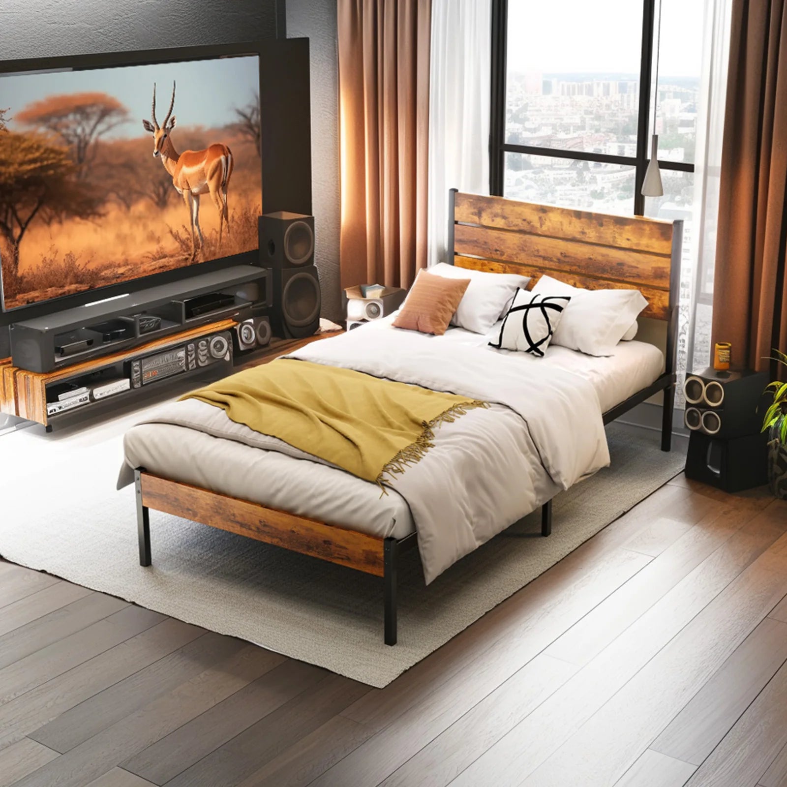 JHK Industrial Wood and Metal Bed Frame – Heavy-Duty Platform Bed with 12.8-Inch Under-Bed Storage, Rustic Headboard & Footboard, Noise-Reducing Slats, Fits Standard Mattress