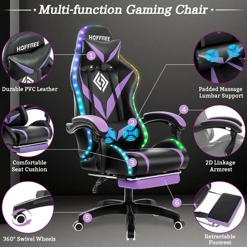 Gaming Chair with Massage and Led Lights Ergonomic Computer Gaming Chair with Footrest RGB Video Game Chair with High Back Lumb