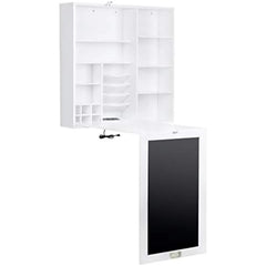 Collapsible fold down desk table with storage cabinet & shelves - wall mounted desk furniture with chalkboard wall - computer d