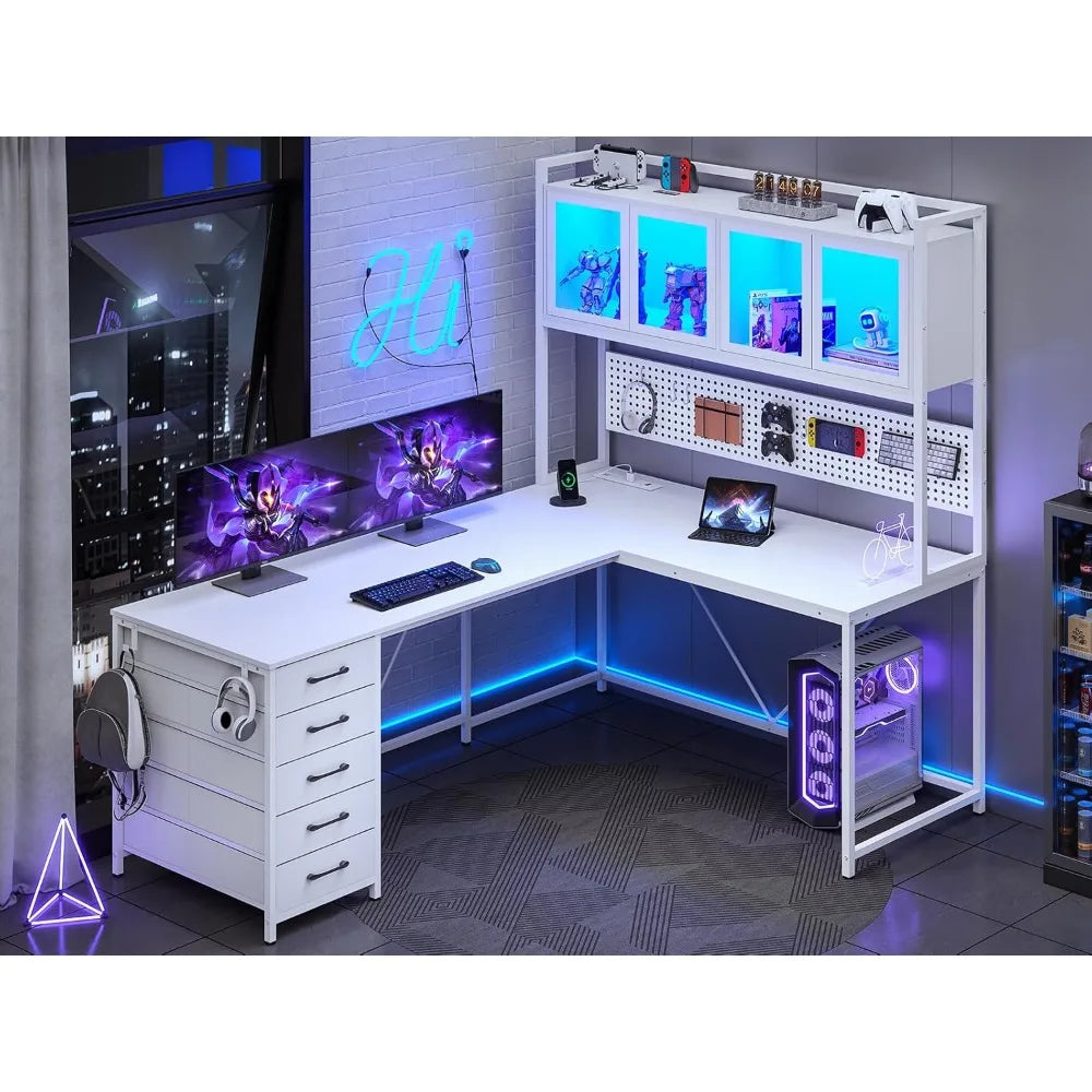 L Shaped Computer Desk with Hutch and Storage Shelves, Gaming Desk, Led Lights, and Power Outlet, Home Office Desk, Corner Desk