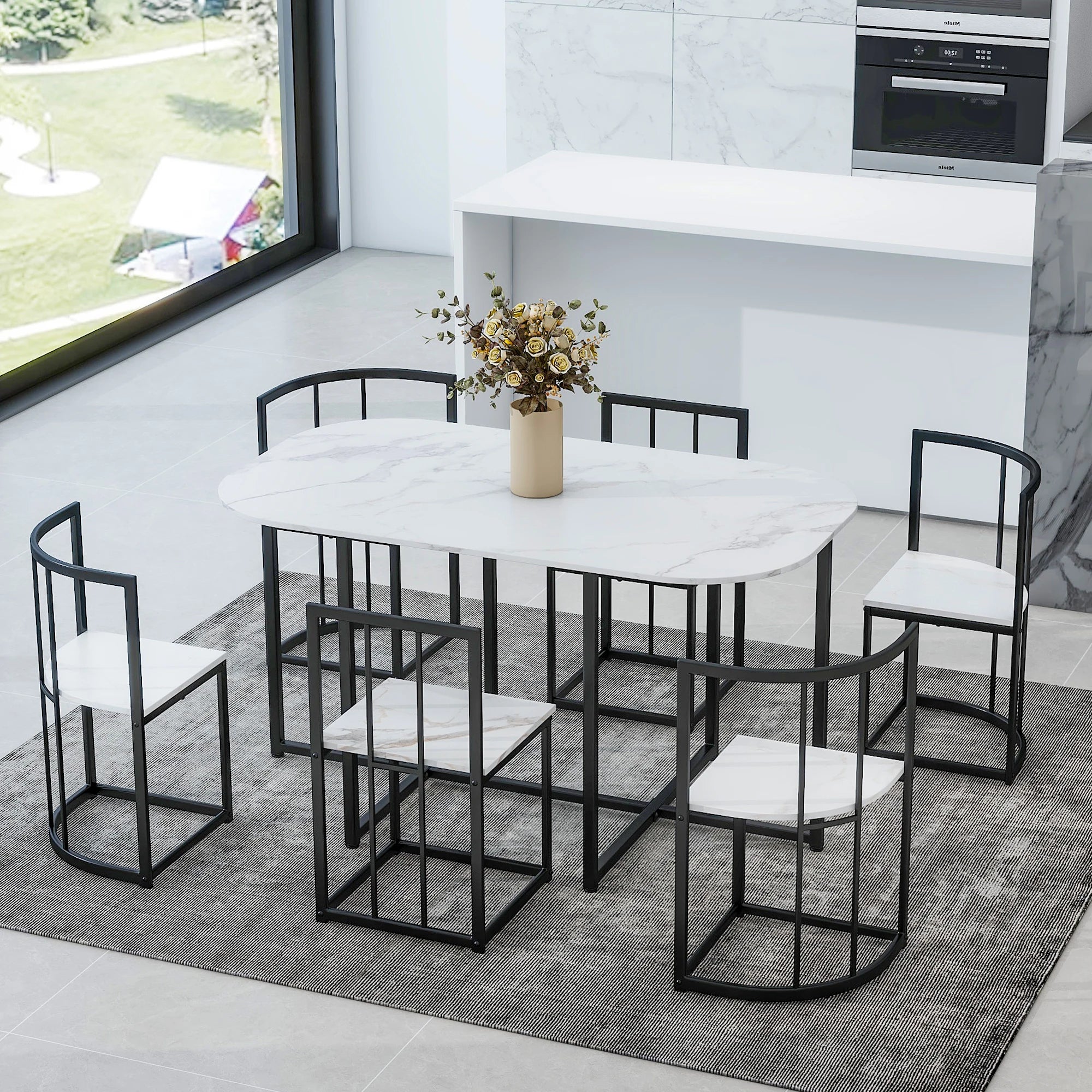 TOPMAX Modern 7-Piece Dining Table Set with Faux Marble Compact 55Inch Kitchen Table Set for 6