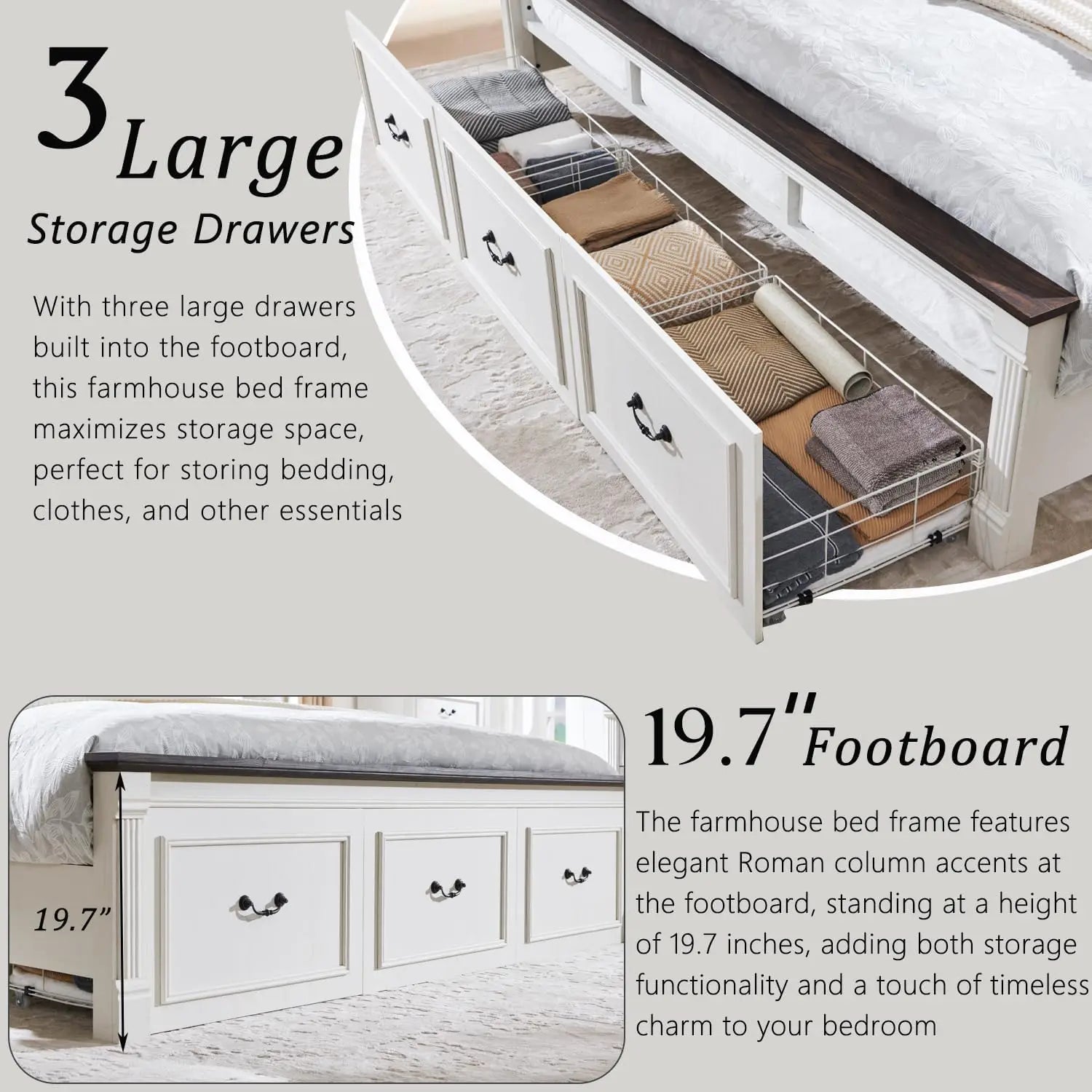 Farmhouse King Size Bed Frame with 51" Tall Headboard, Wood Platform Bed Frame 20" Tall Roman Column Decoration Footboard(White)
