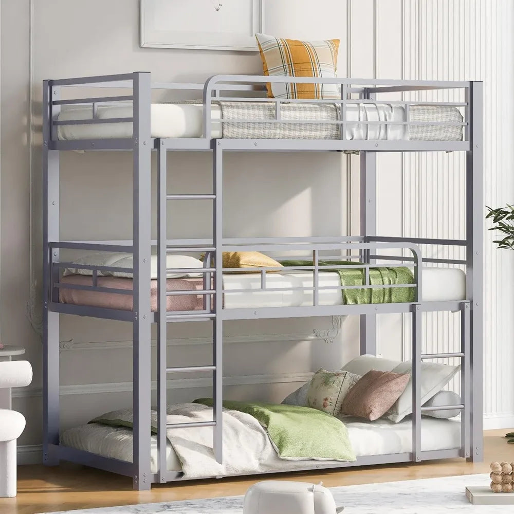 Twin Size Metal Bunk Bed with Built-in Ladder, Safety Guardrails for Small Spaces
