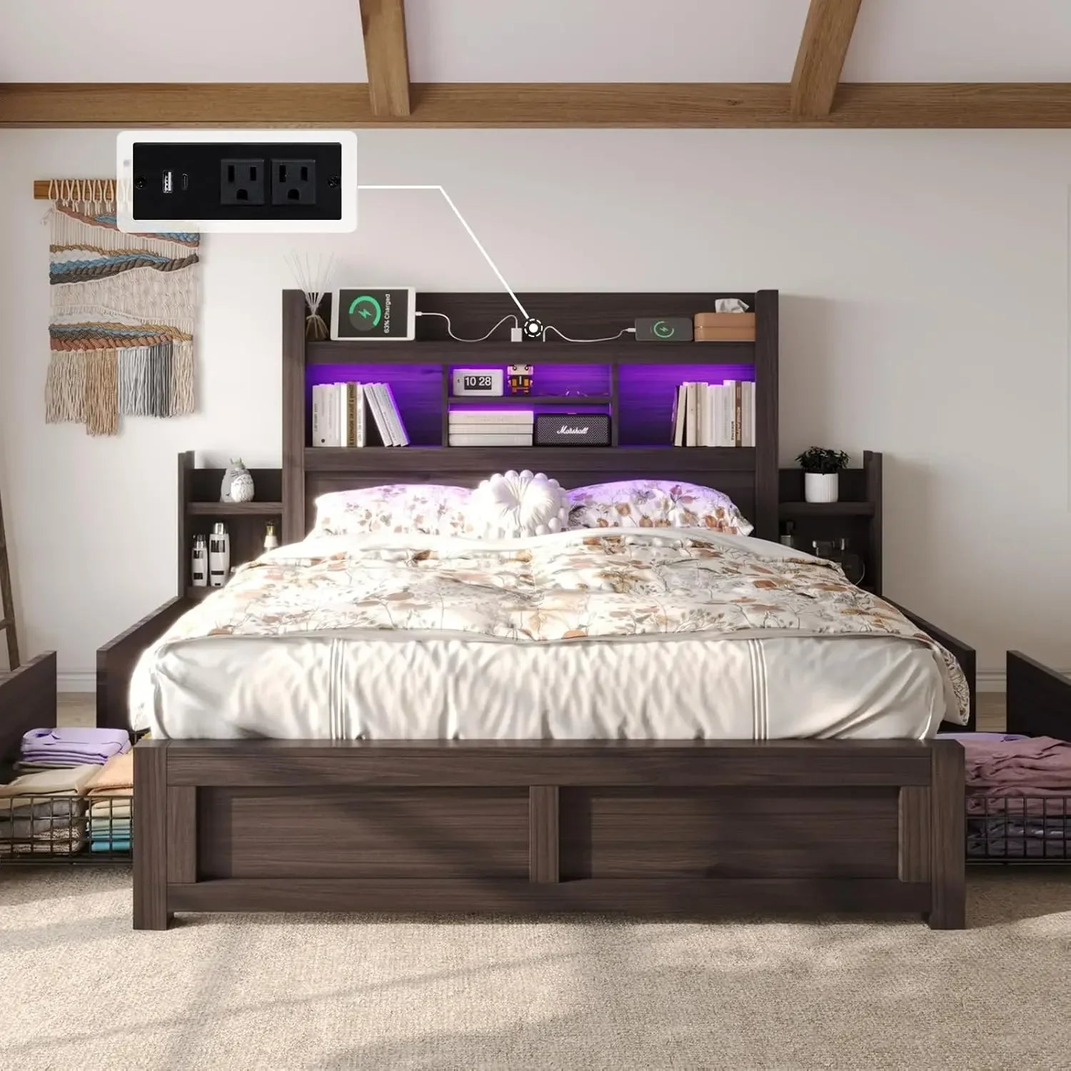 Queen Bed Frame with 49.6" Bookcase Headboard & 2 Bedside Stoage Racks & 4 Drawers, Farmhouse Wood Bed Frame