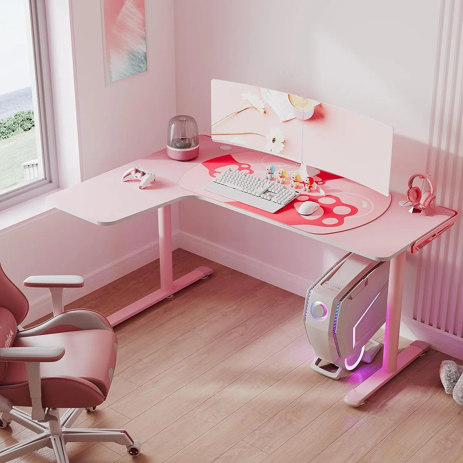 Pink L Shaped Gaming Desk, 60 Inch Large Home Office Corner PC Computer Table Study Writing Modern Workstation Girls  Female