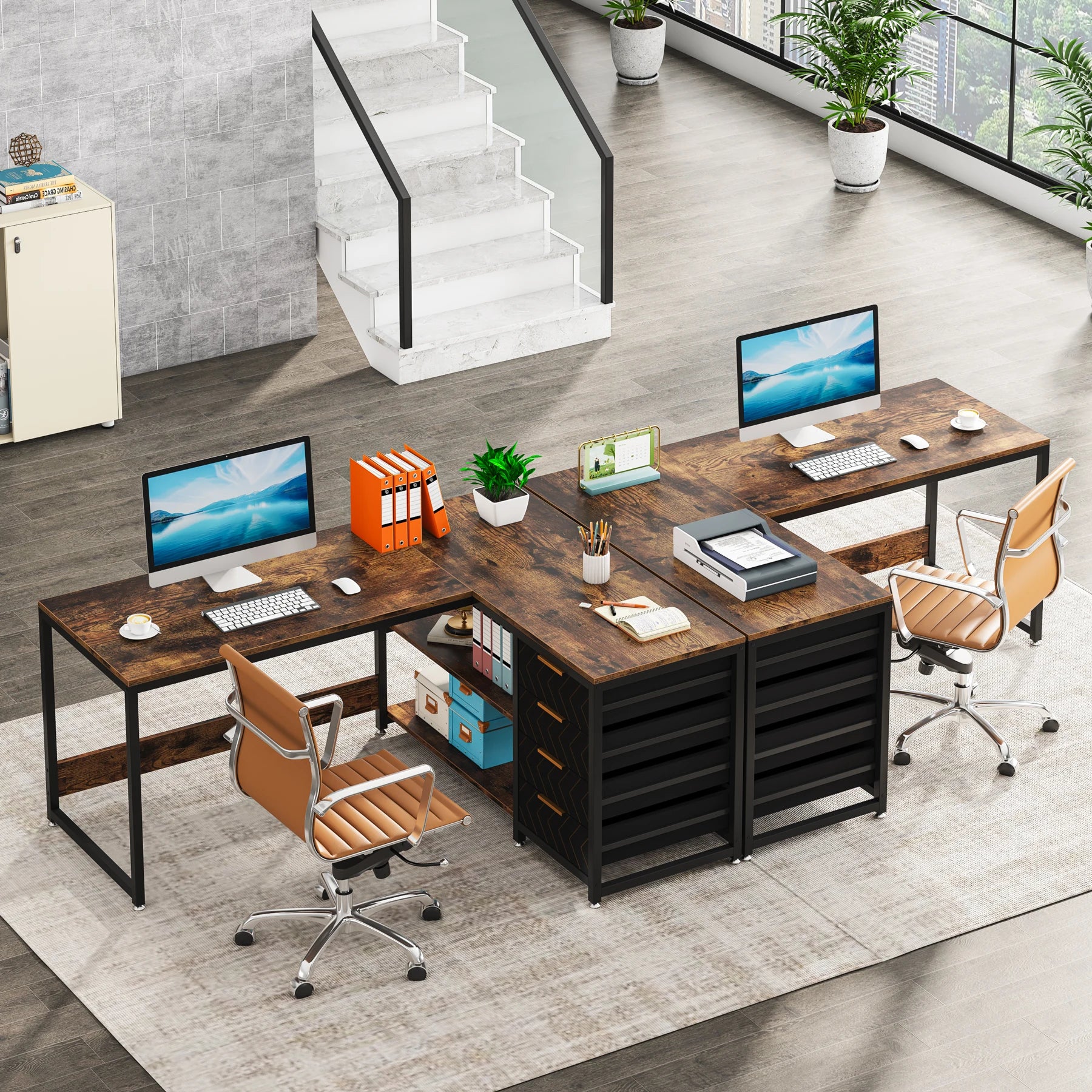 FurnishSpot SpaceSmart™ L-Shaped Computer Desk with Drawers & Open Storage
