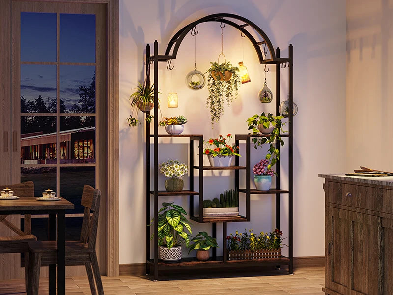 Tribesigns 5-Tier Tall Indoor Plant Stand, 74.8'' Arched Metal Flower Shelf with Hanging Hooks, Large Bonsai Pots Display Rack