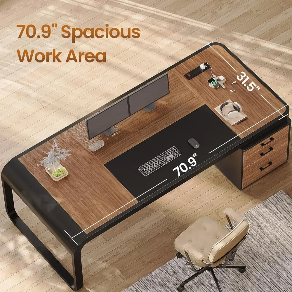 70.9" Executive Desk, Large Computer Desk with Drawers and Lateral File Cabinet, Office Desk with Removable Shelves,
