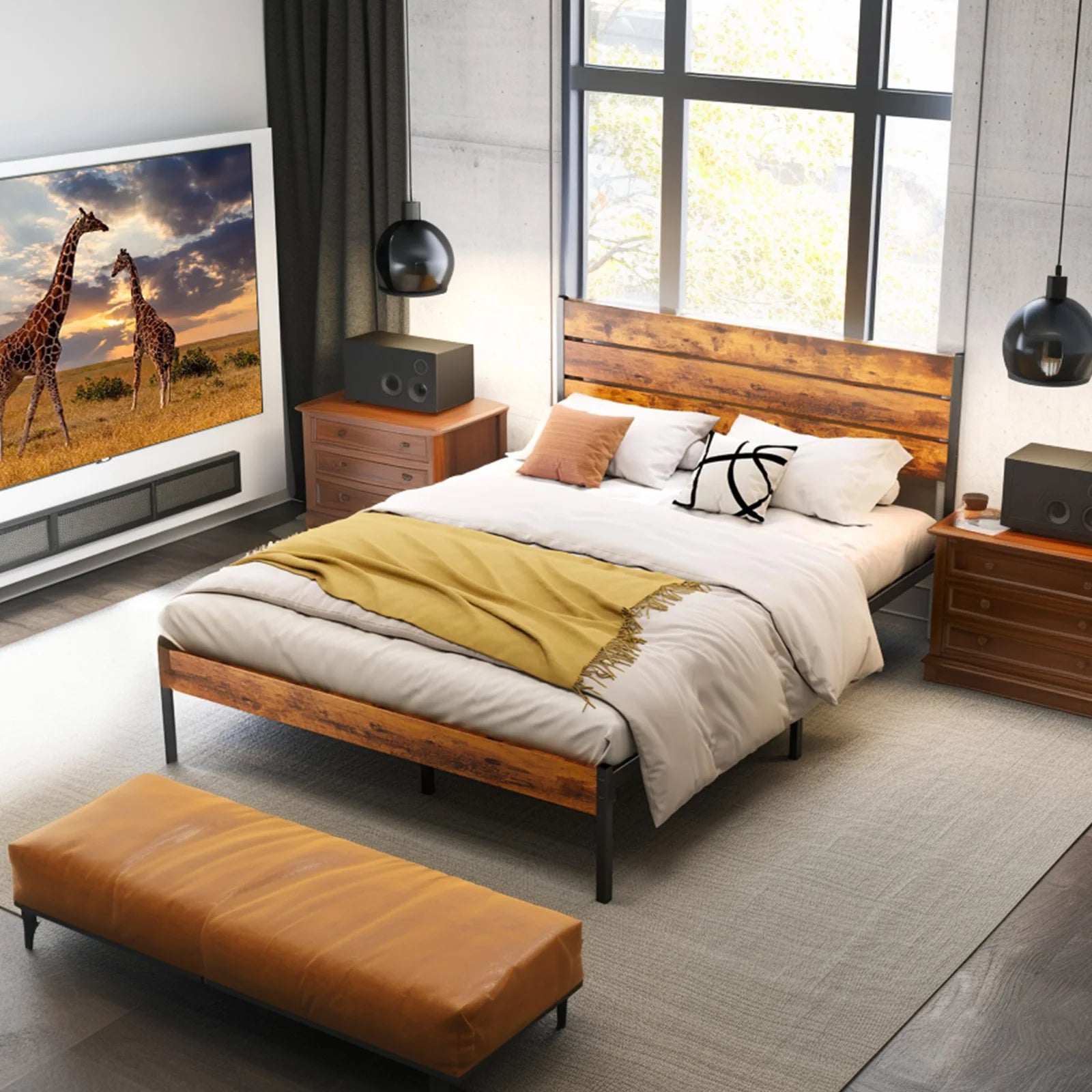 Queen Size Metal Platform Bed Frame with Headboard and Footboard