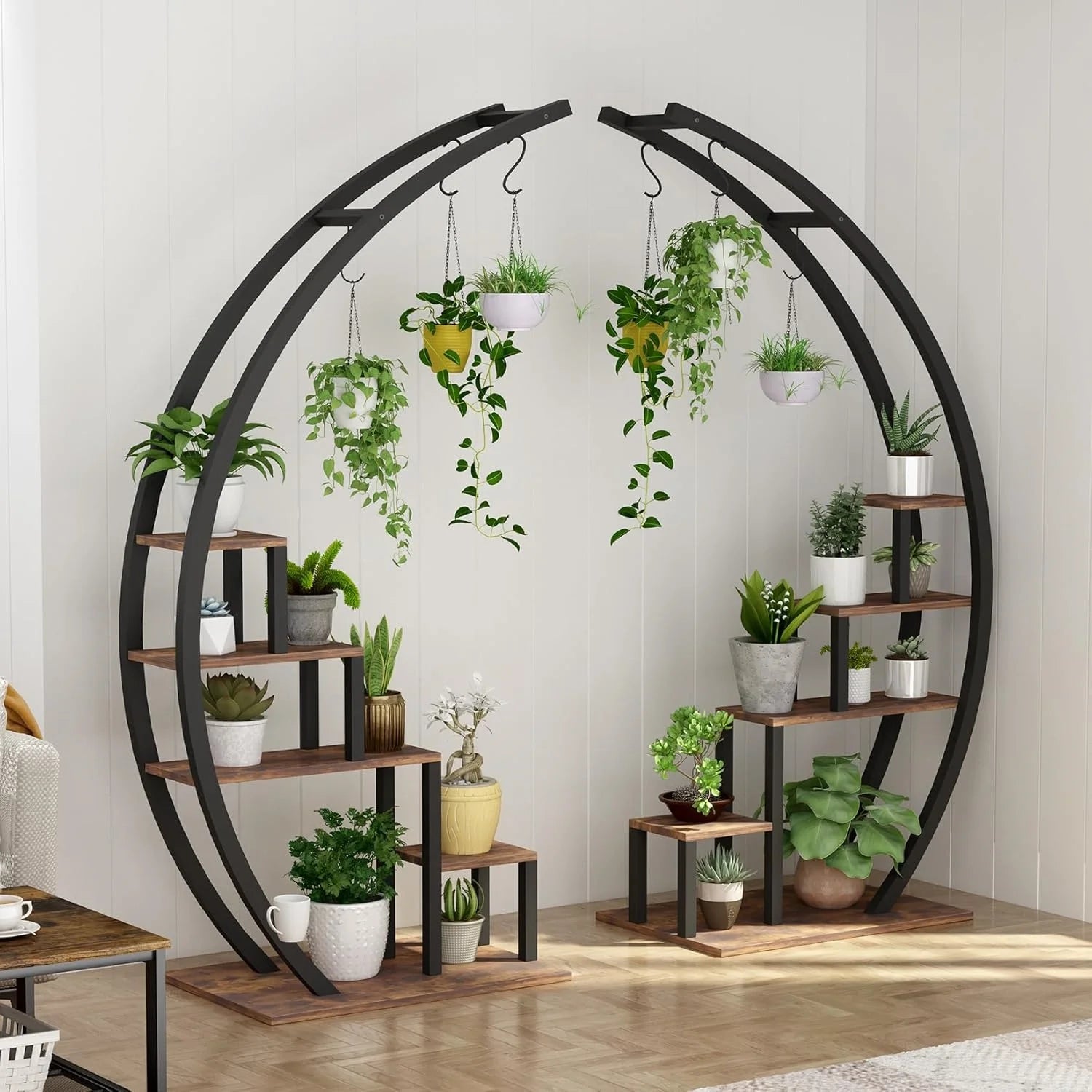 Set of 2 Metal Plant Shelves with Plant Hangers – Suitable for Indoor & Outdoor Use