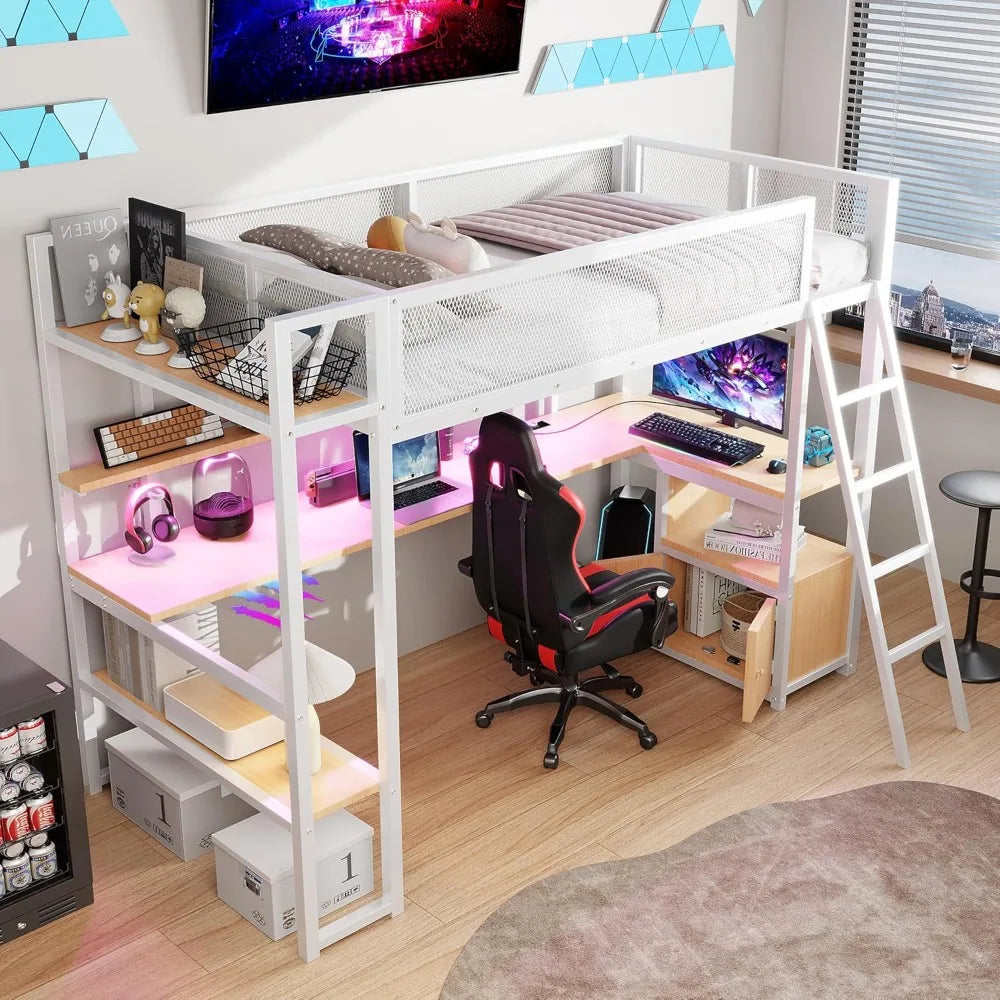 Loft Bed with Desk & Storage Shelves, Twin Size Space-Saving Bed Frame with LED Lights, Charging Station, Safety Guardrails, Eas