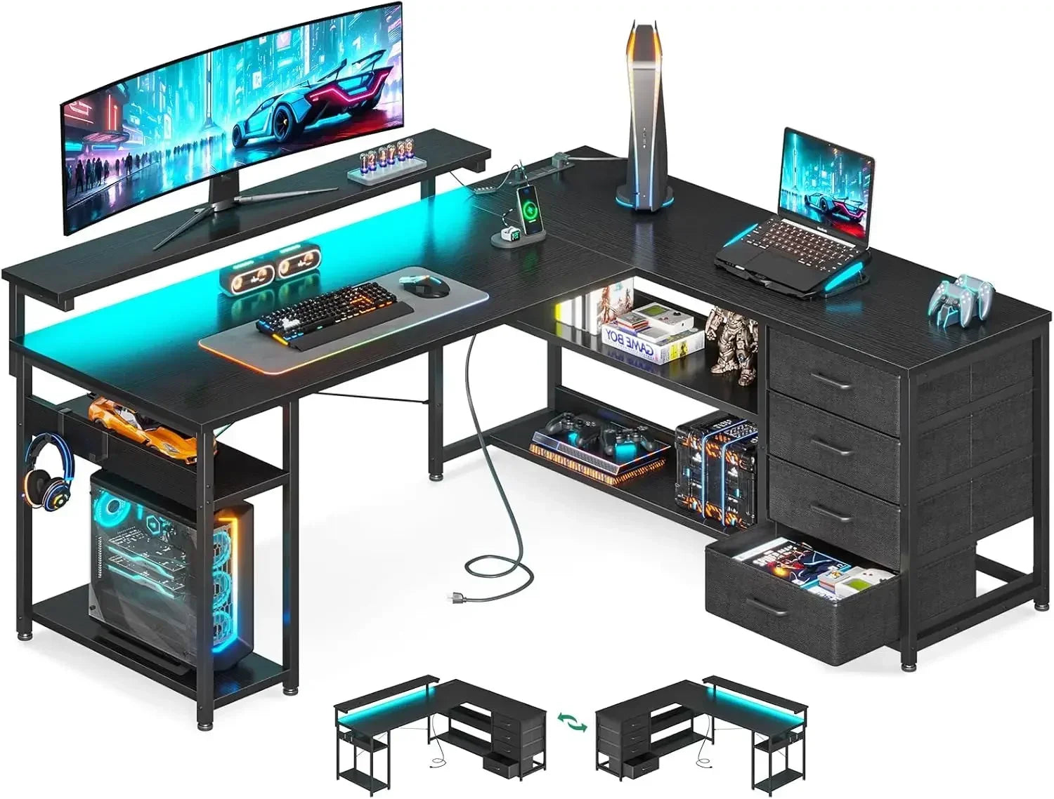 61" L Shaped Desk with Drawer, Computer Desk with Power Outlets & LED Lights, Reversible Corner Gaming Desk