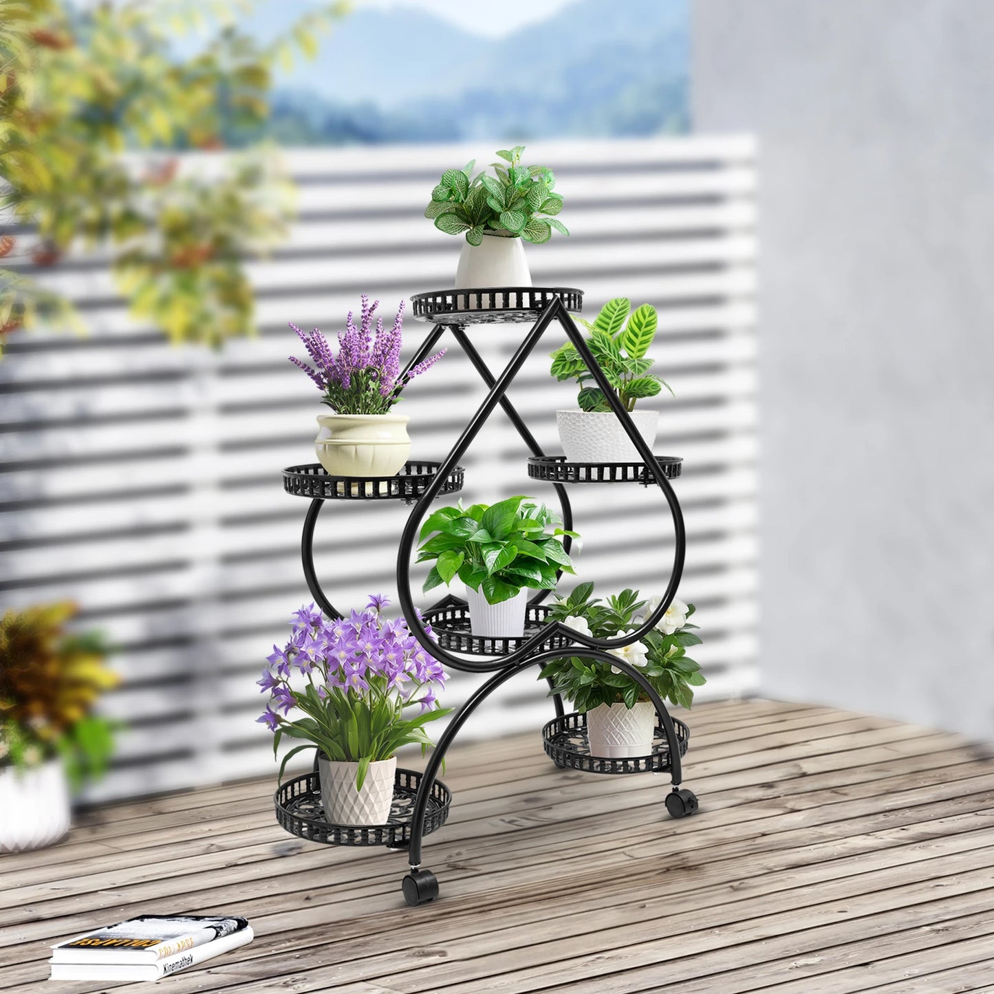 4-Tier Plant Stand with 6 Trays, Iron Frame, Movable and Lockable Wheels for Indoor Gardening and Display