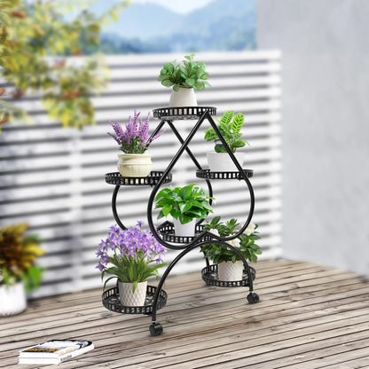 4-Tier Plant Stand with 6 Trays, Iron Frame, Movable and Lockable Wheels for Indoor Gardening and Display