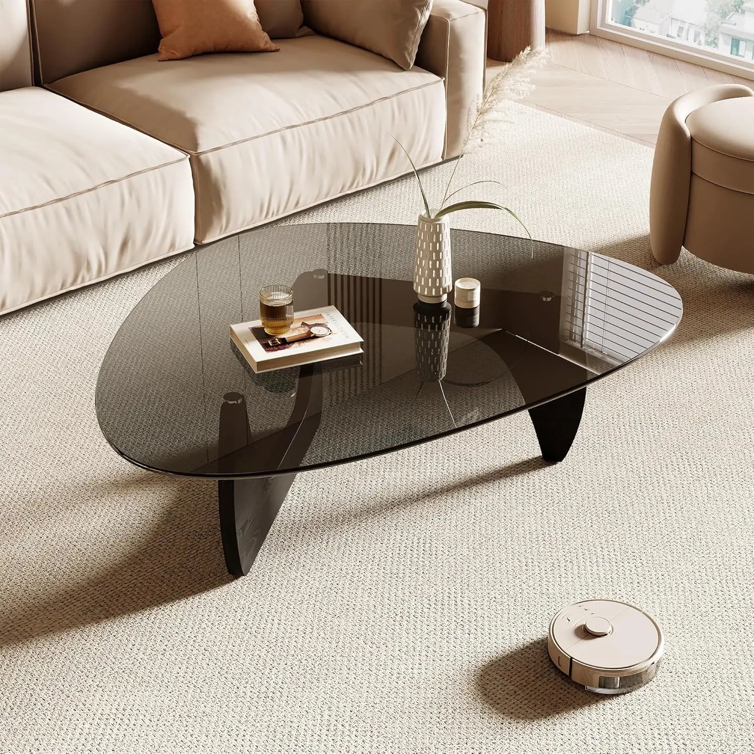 FurnishSpot Contemporary Glass Coffee Table | Tempered Glass Top with Natural Wood Base