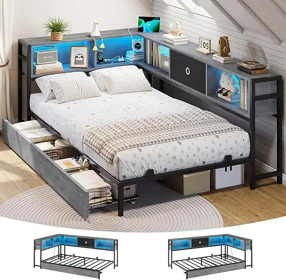 DICTAC Full Corner Bed Frame with Bookcase Storage and Led Lights Metal Platform Bed Frame Full Size with Storage Drawers & Char