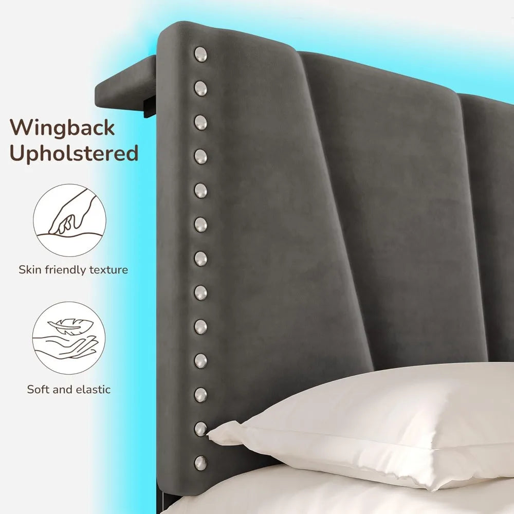 EnHomee King Size Bed Frame with Velvet Headboard and LED Lights, Storage Headboard Platform Bed with Charging Station, Sturdy W