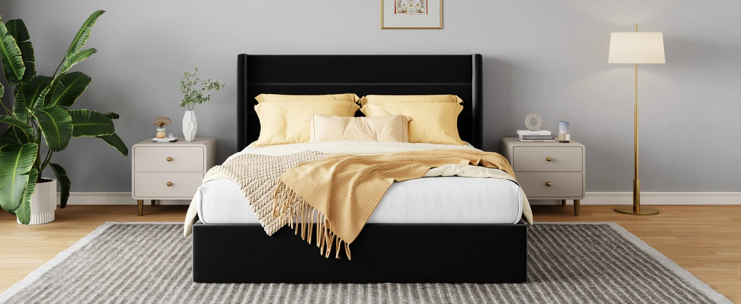 Lift Up Storage Bed with Wingback Headboard and Large Underneath Storage