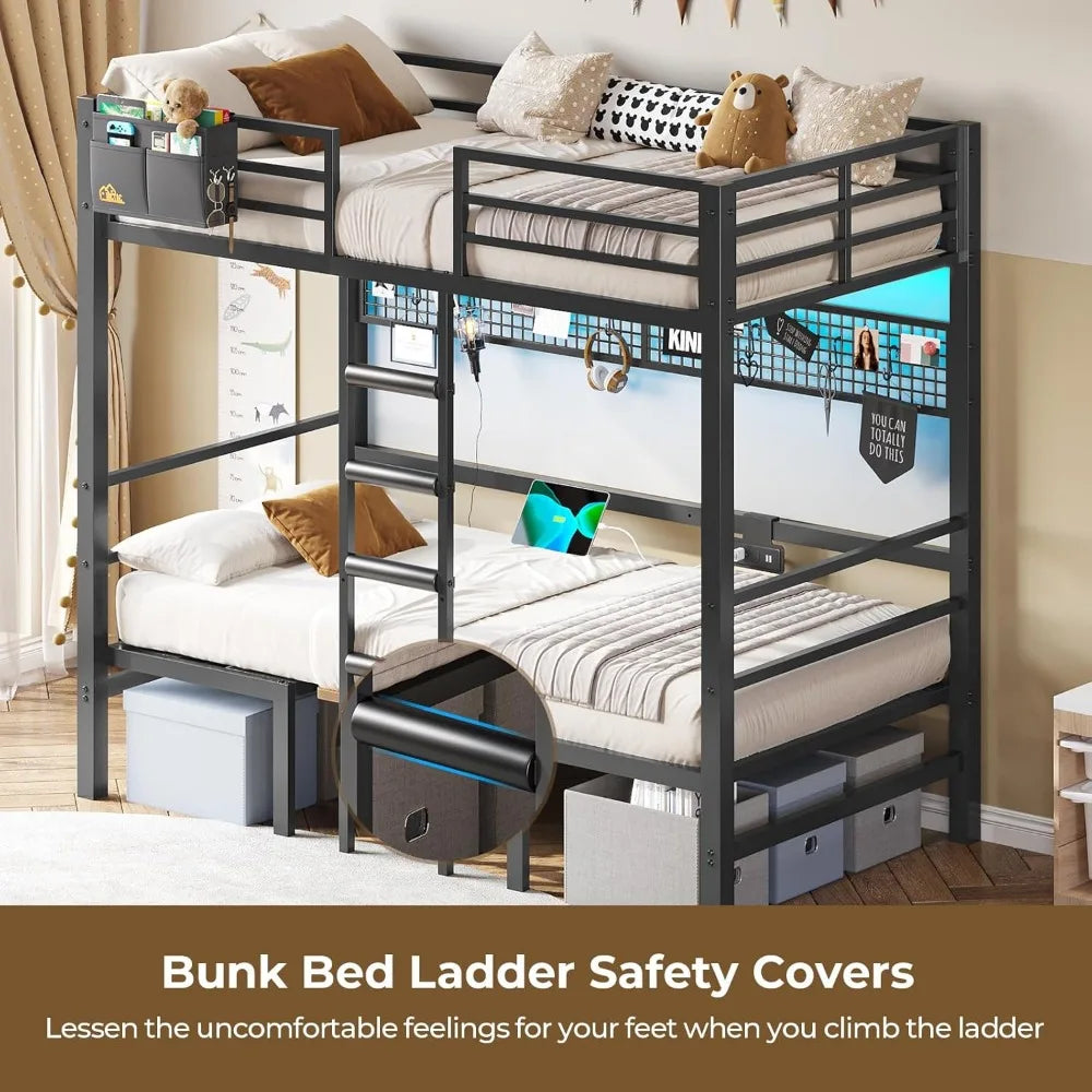 Twin Over Twin Bunk Bed with Led Lights and Charging Station Convertible Loft Bed Twin Size with Desk and Seat Metal Bunk Bed w