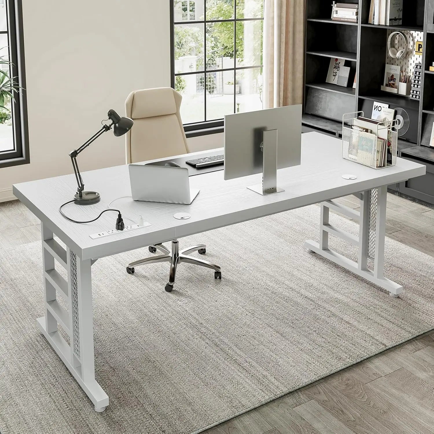 FurnishSpot® Modern L-Shaped Computer Desk with Built-In Power Outlet & Storage