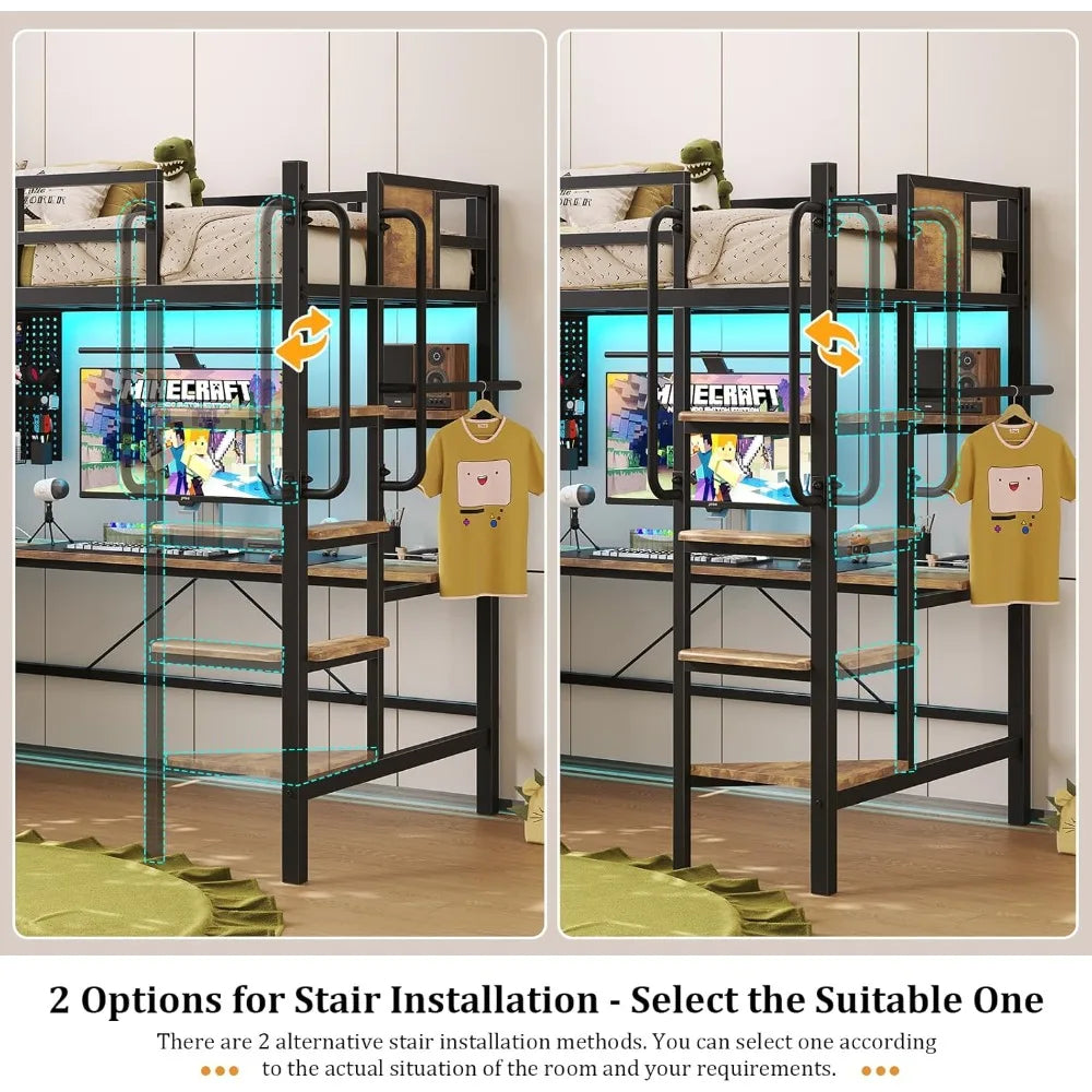 Bunk Bed with Desk Underneath, RGB LED Lights, Charging Station, and 5 Storage Drawer Cabinets