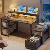 63" Farmhouse Style Computer Desk with Drawers, Storage Shelves and Power Outlets, Home Office Desks with Long Monitor Stand fo