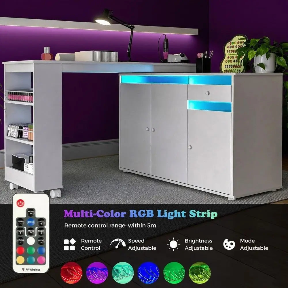 FurnishSpot Shaped Manicure Table with Dust Collector | Rotating & Convertible Nail Tech Desk with Storage